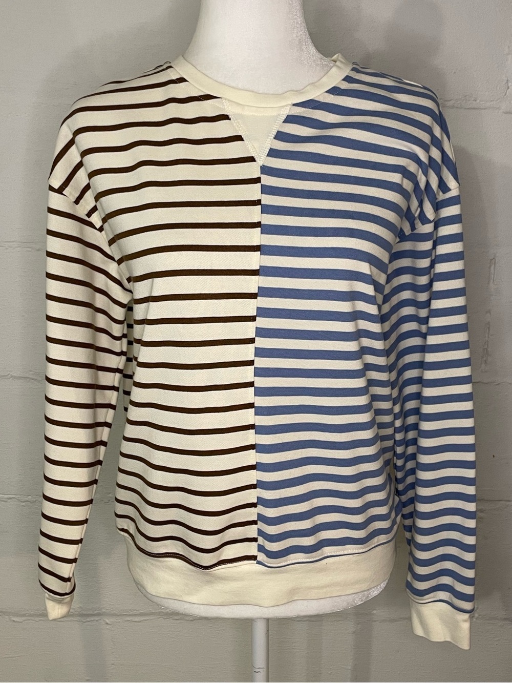 Thread & Supply Split-Panel Striped Crewneck in Cream, Blue & Brown